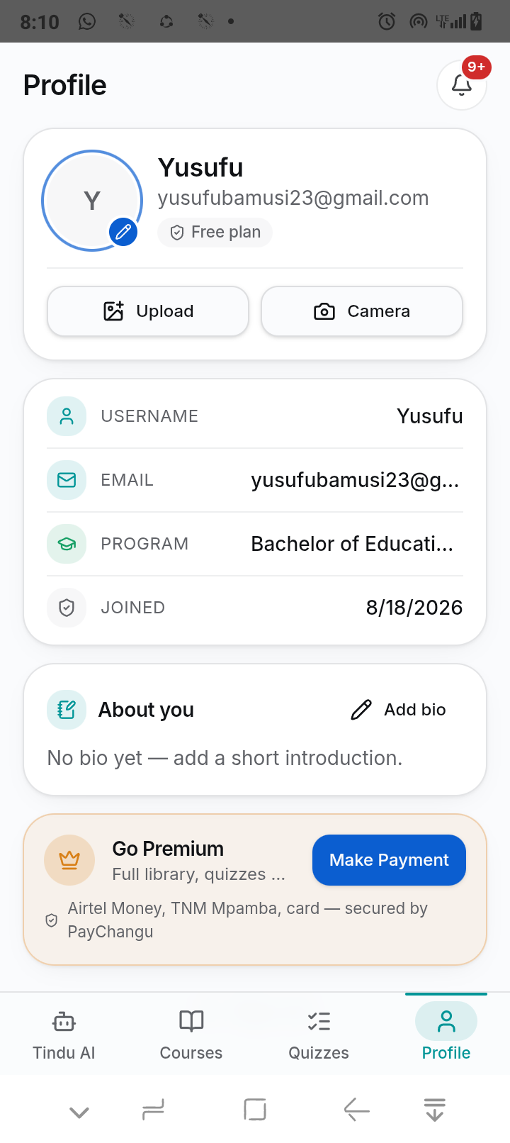 Tindu PREP student profile screen