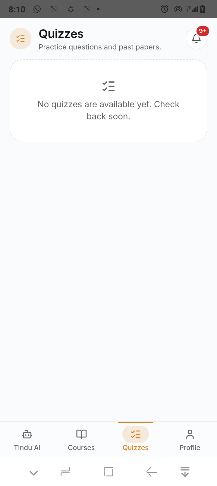 Tindu PREP quizzes screen